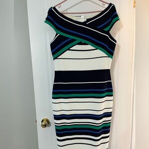 Adrianna Papell One-Shoulder Striped Sheath Dress in Navy, White & Green